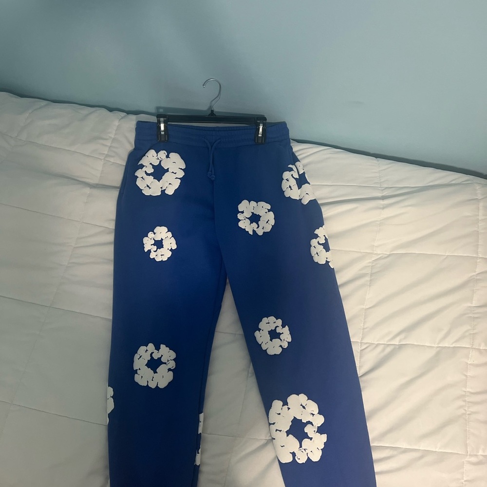 Blue Sweatpants with White Floral Pattern
